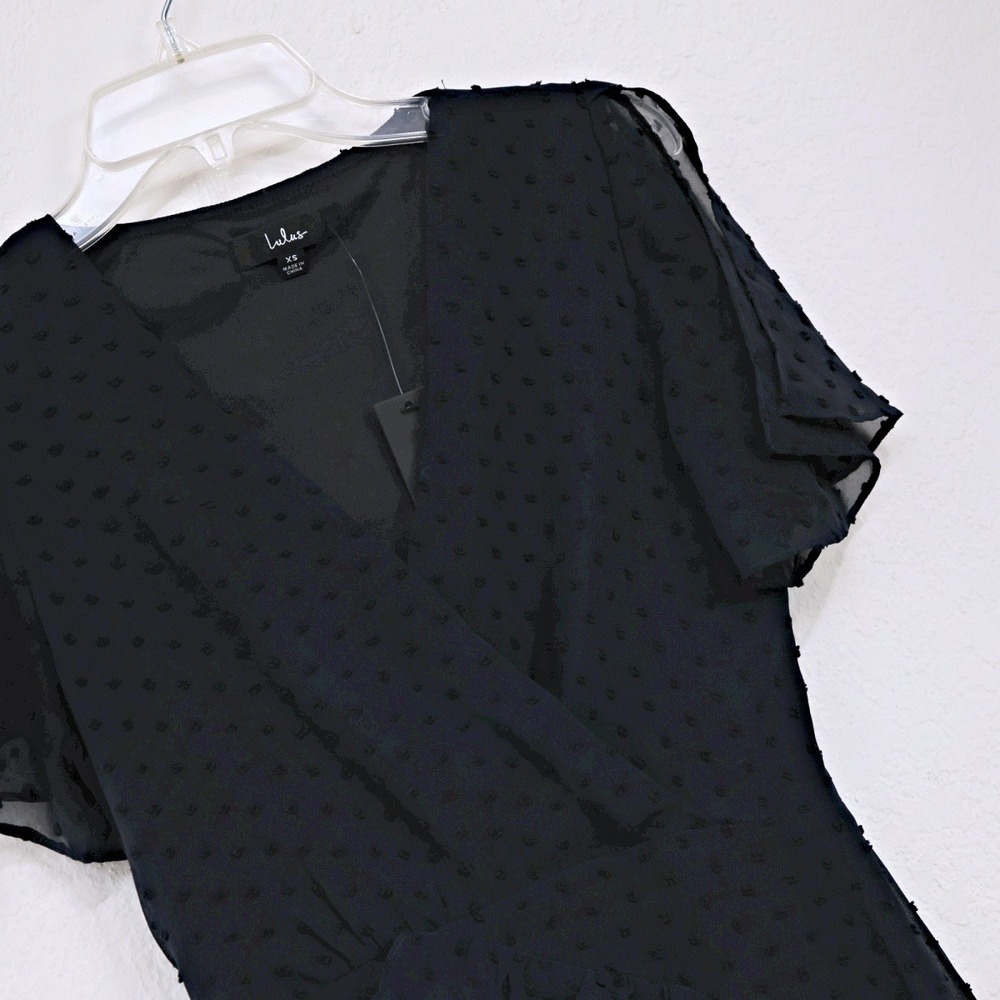 NWT Lulus Next To You Swiss Dot Ruffle Surplice Slit V-Neck Midi‎ Dress Navy XS - Picture 13 of 15
